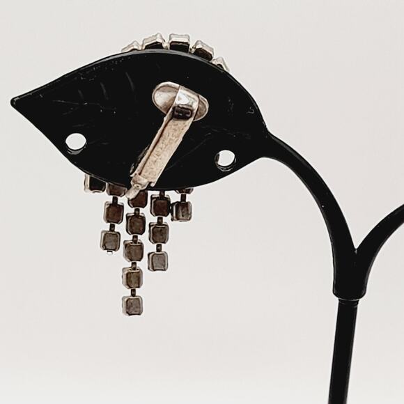 Vintage Clear Rhinestone Dangle Clip Earrings, 1.5 Inch Length - Picture 7 of 10